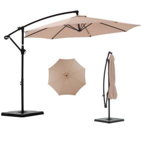 10ft Offset Hanging Outdoor Patio Umbrella with Base Stand Rotate and Tilt, 8 Ribs, UV Protection for Pool Garden Backyard Market, Khaki