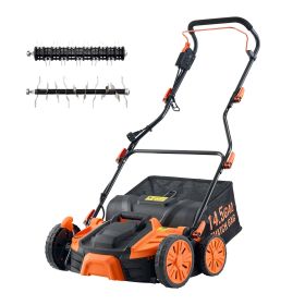 2-in-1 Electric Dethatcher and Scarifier, 16-Inch 15 Amp, Corded Lawn Dethatcher with 14.5-Gallon Thatch Collection Bag, 5-Position Depth Adjustm