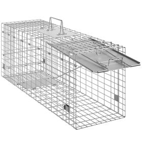 Live Animal Cage Trap, 31" x 10" x 12" Humane Cat Trap Galvanized Iron, Folding Animal Trap with Handle for Rabbits, Stray Cats, Squirrels, Racco