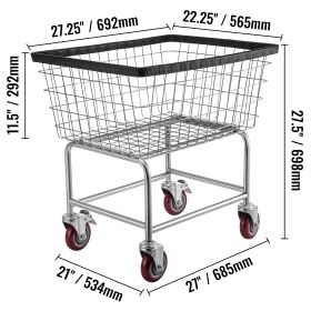 Wire Laundry Cart, 2.8Bushel Wire Laundry Basket with Wheels, 26.7''x21.7''x26.4'' Commercial Wire Laundry Basket Cart, Steel Frame with Chrome F