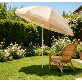 7 FT Boho Patio Umbrella With Fringe Tassel, 30' Adjustable Tilt Outdoor Sun Canopy, Portable 2-Section Metal Beach Umbrella (Option: Defaulttitle)