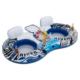 2 inflatable river floaters, equipped with detachable refrigerators and two cup holders, featuring a supportive backrest, and with GRAP ropes (Color: white blue)